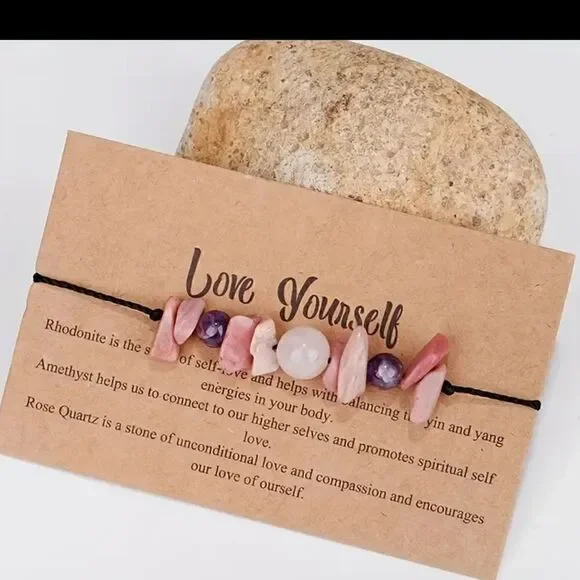 “Love Yourself” Tumbled Stone Bracelet (Rose Quartz, Amethyst, Rhodonite) - Picture 3 of 12